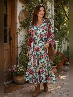 Vintage Carole Little Floral V-Neck Bohoo Midi Dress in Cream Hips 18".nosizetag